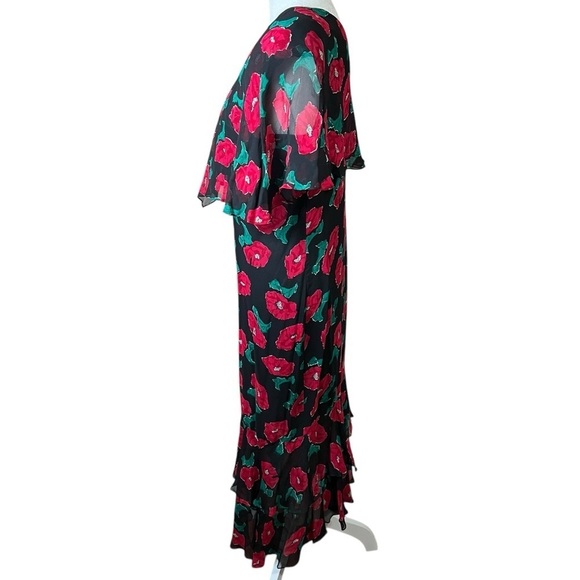 Vintage JOANIE CHAR 100% Silk Ruffled Floral Dress Red Black Chiffon Maxi Size 6 - Picture 7 of 9